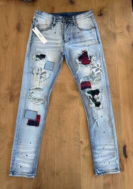 KDNK Blue Distressed Patchwork Skinny Jeans Style KND4457 Size 32